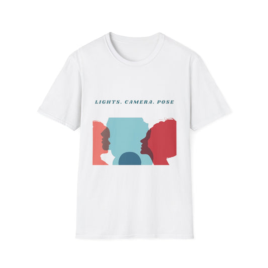 Creative Art T-Shirt – “Lights. Camera. Pose.” Unisex Tee for Trendsetters & Models – Bold Graphic Design for Fashion-Forward Style