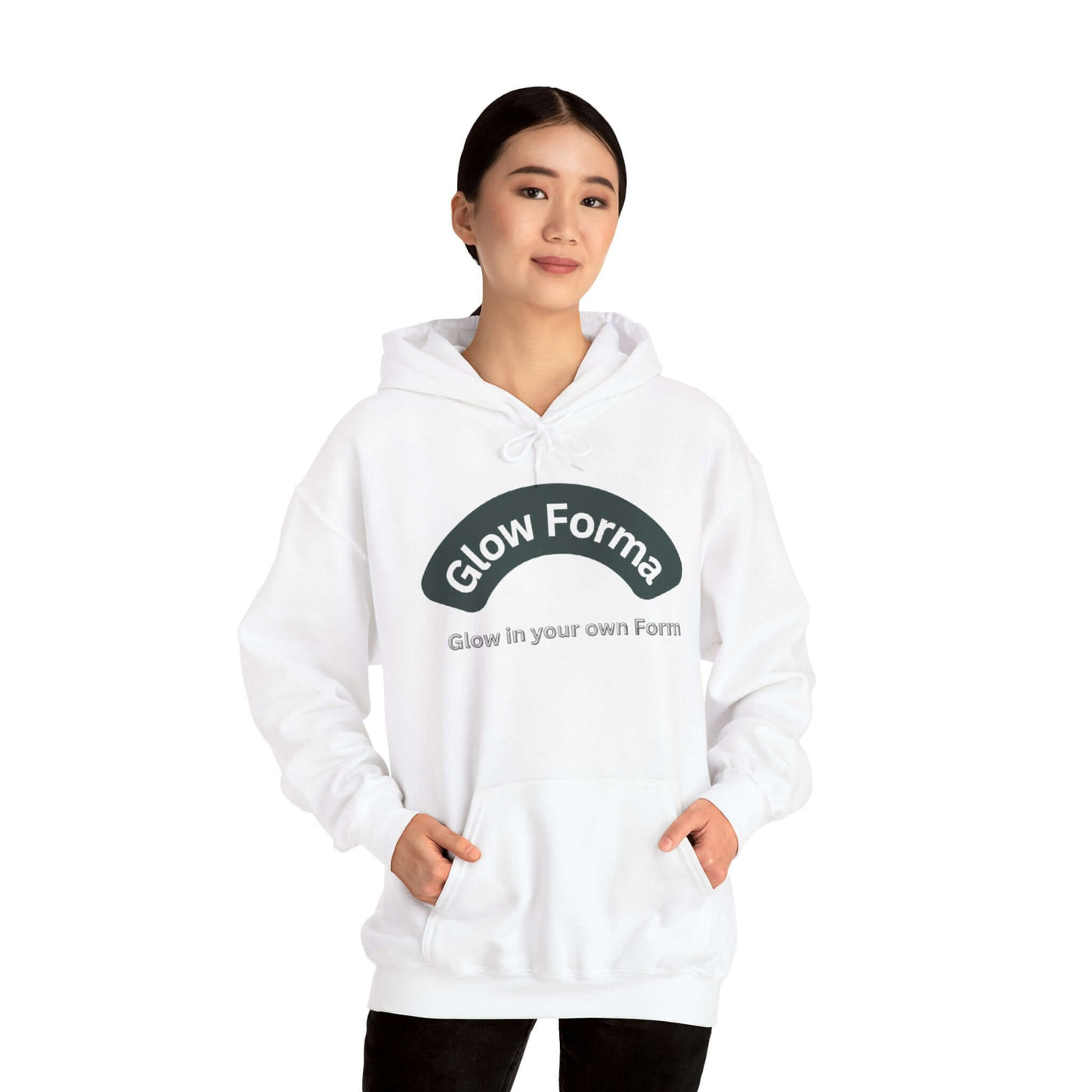 Glow Forma Heavy Blend Hoodie | Unisex Sweatshirt for Comfort on a model wearing a white sweatshirt.