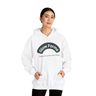 Glow Forma Heavy Blend Hoodie | Unisex Sweatshirt for Comfort on a model wearing a white sweatshirt.