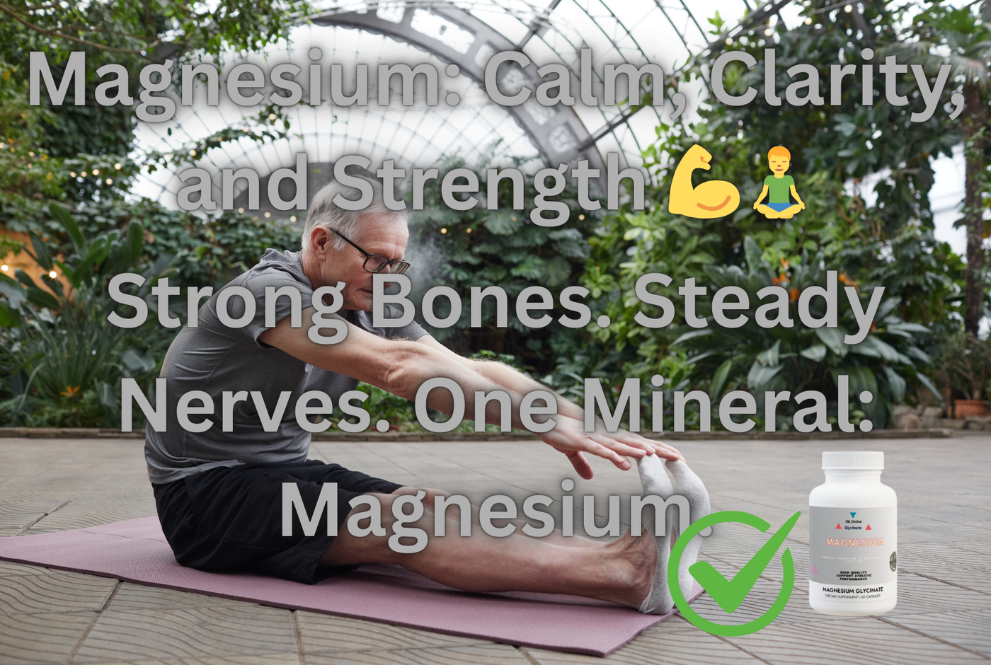Person stretching in a garden, featuring Magnesium Glycinate for relaxation, sleep, and heart support.