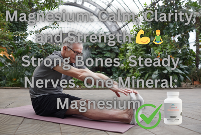 Person stretching in a garden, featuring Magnesium Glycinate for relaxation, sleep, and heart support.