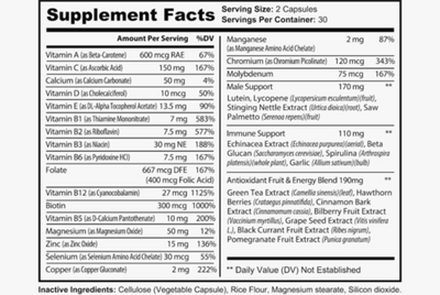 Supplement facts for mens multivitamin supplement Vitality, Stamina & Immune Support, highlighting vitamins and minerals.