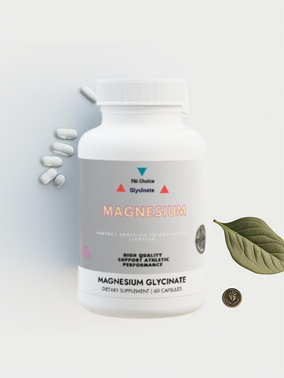 Magnesium Glycinate supplement bottle with 60 capsules for relaxation and heart support.
